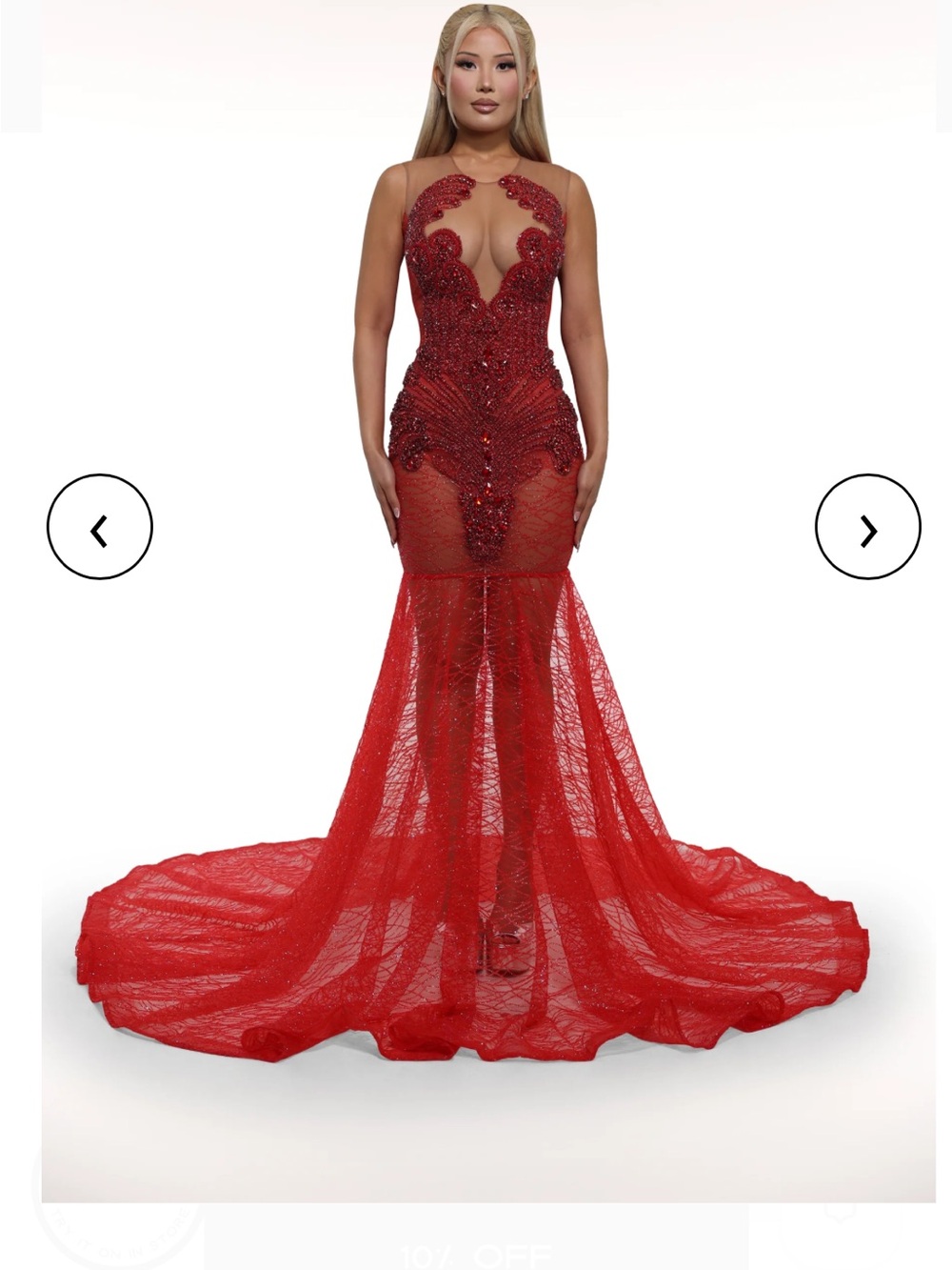 Alglist Red Embellished Sheer Mermaid Evening Gown